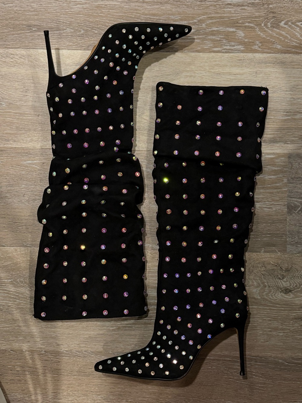 EXPRESS faux suede rhinestone heeled boots